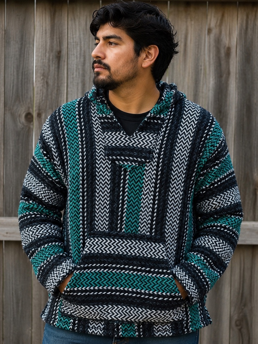 Made in Mexico Baja Joe Rag Boho Hoodie in Green and Gray Unisex Adult Sz MD
